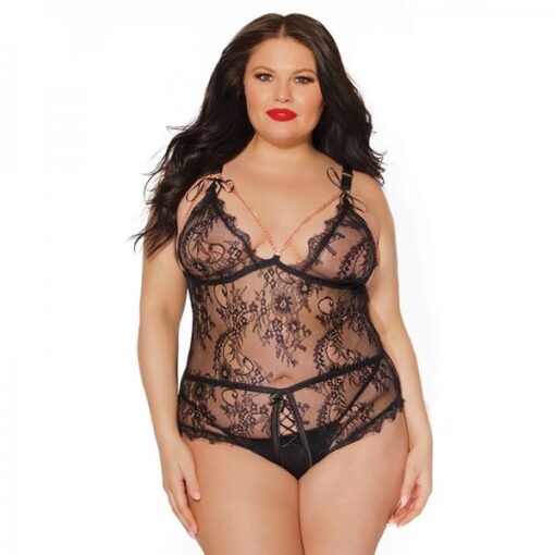 Black Label Crotchless Teddy With Tie-up Triangle Cups Black/rose Gold Osq