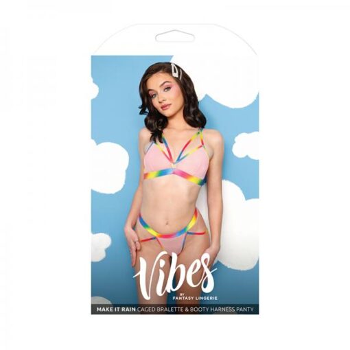 Vibes Make It Rain Caged Bralette & Panty With Booty Harness M/l Rainbow