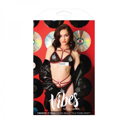 Vibes Creepin' It Real Caged Bralette & Thong Panty L/xl Black