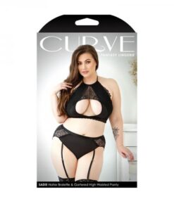 Curve Sadie Halter Bralette With Keyhole Cutout & Matching Gartered High-waisted Panty 1x/2x Black