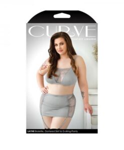 Curve Layne Lace Panel Bralette, Matching Gartered Skirt & G-string Panty 1x/2x Gray