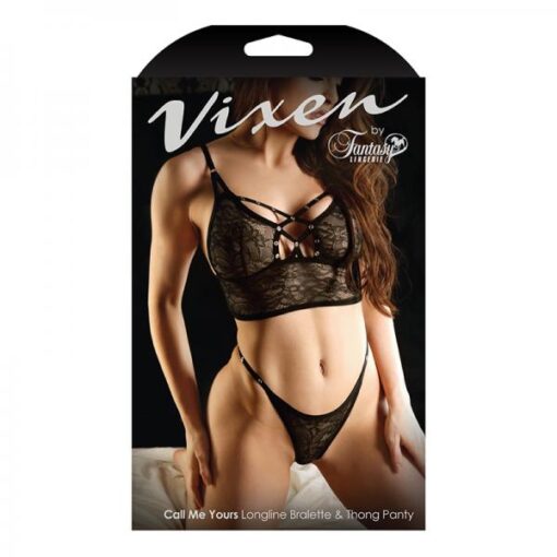 Vixen Call Me Yours Longline Bralette With Grommets & Thong Panty Black L/xl