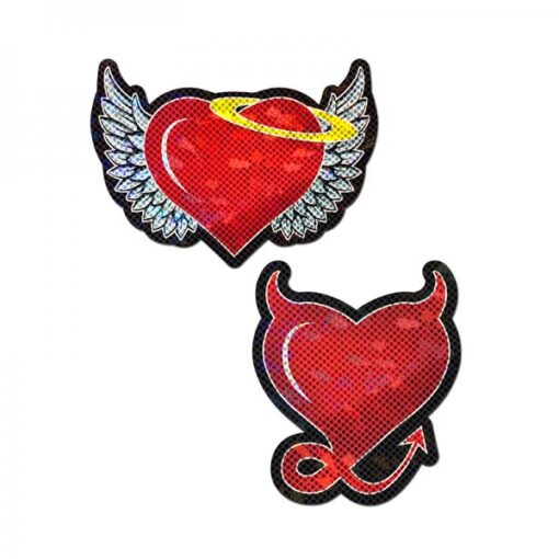 Pastease Angel & Devil Heart: Red Glitter Hearts With Wings, Halo, Horns & Tail Nipple Pasties