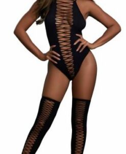 Cross Open Front Teddy and Stockings Black O/S