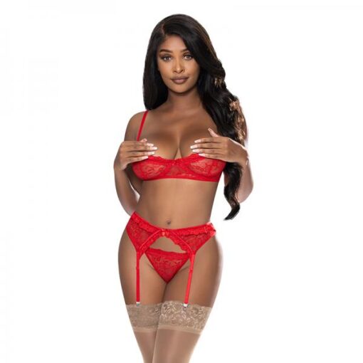 Magic Silk Ooh La Lace Demi Bra, Garter & Tanga Set Red L/xl