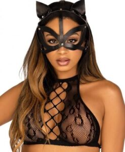 Vegan Leather Studded Cat Mask Os Blk