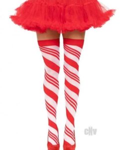 Spandex Candy Cane Thigh High Os Red/wht