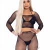 Rhinestone Fishnet Top/shorts Os 2pc Blk