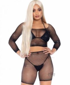 Rhinestone Fishnet Top/shorts Os 2pc Blk