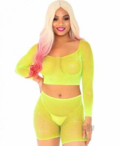 Rhinestone Fishnet Top/shorts Os 2pc Ylw