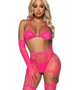 Rhinestone Garter/bikini 5pc Os Pink