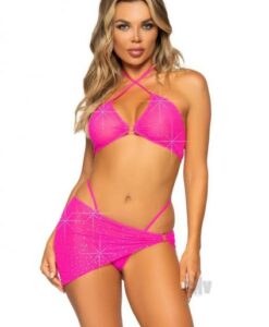 Rhinestone Bra Gstring Sarong 3pc Sm Pnk