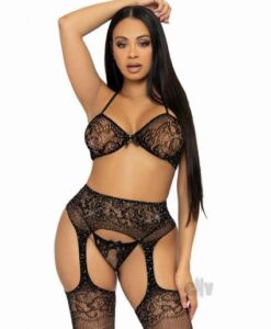 Rhinestone Bra Gstring Garter 3pc Os Blk