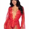Floral Lace Teddy Thong Robe Tie Sm Red