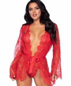 Floral Lace Teddy Thong Robe Tie Sm Red