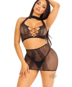 Dotted Net Lace Halter Mini Skirt Os Blk