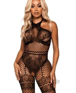 Seamless Net Halter Bodystocking Os Blk