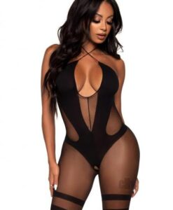 Opaque Sheer Halter Bodystocking Os Blk