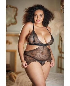 Allure Lace Peek A Boo Chemise & Ouverte G-string Black Qn