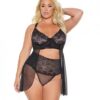 Scallop Stretch Lace & Sheer Mesh Babydoll & High Waist Thong Black 1x/2x