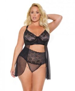 Scallop Stretch Lace & Sheer Mesh Babydoll & High Waist Thong Black 1x/2x