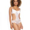 Stretch Mesh Ruffled Crotchless Teddy White Md