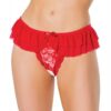 Holiday Stretch Lace & Mesh Crotchless Panty W/ruffle Jingle Bell Waist Red O/s