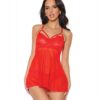 Holiday Scallop Stretch Lace & Mesh Babydoll & Thong Red/gold Xl