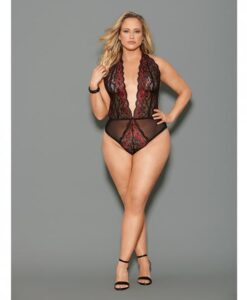 Euphoria Two Tone Lace Halter Crotch Closure Teddy Blk/red Qn