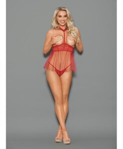 Euphoria Open Top Choker Attached Babydoll W/open Crotch Panty Red O/s