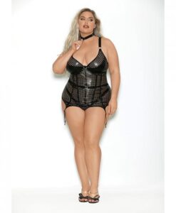 Flame Fetish Femme Fatale Lasercut Lattice Bustier W/choker & Thong Black 1x/2x
