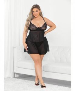 Raised Embroidery Lace Babydoll Black 1x
