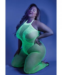 Glow Black Light Crotchless Bodystocking Neon Green Qn