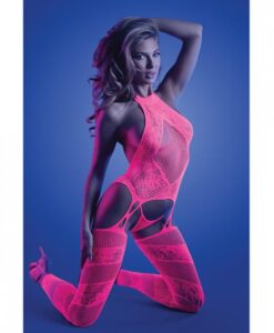 Glow Captivating Halter Bodystocking & G-string Neon Pink O/s