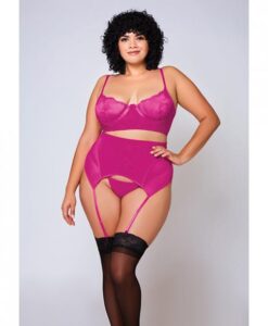 Soft Lace Bra, High Waist Satin & Mesh Garterbelt & G-string Fuchsia 1x