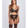 Everly Dot Mesh & Galloon Lace Strappy Bra, Garterbelt & Hipster Panty Black Md