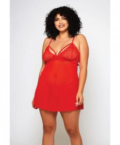 Galloon Lace & Fine Mesh Babydoll & G-string Red 3x
