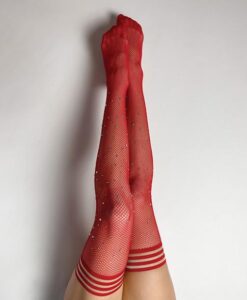 Kix'ies Joely Fishnet Rhinestone Thigh High Red A