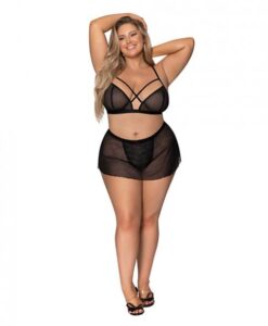 Girl Next Door Strappy Bralette W/flirty Thong Skirt Black 2x