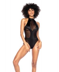 Mesh & Wet Look Halter Bodysuit Black S/m