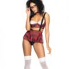4 Pc School Girl Underwire Top, Peek A Boo Thong, Bow Tie & Suspender Skirt Red M/l