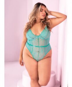 Floral Lace Peek A Boo Open Back Teddy Aqua 3x/4x
