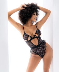 Embroidered Peek A Boo Bodysuit Black S/m