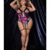 Flower Print Mesh Underwire Teddy W/detachable Garter Straps Multi Color 3x/4x