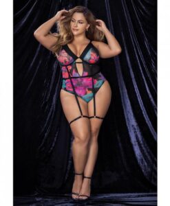 Flower Print Mesh Underwire Teddy W/detachable Garter Straps Multi Color 3x/4x