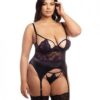 Demi Padded Shelf Cup Merrywidow W/overlay Lace & Panty Black/heliotrope 2x