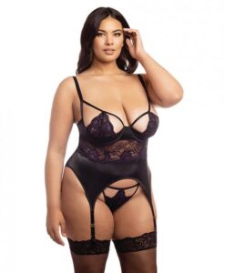 Demi Padded Shelf Cup Merrywidow W/overlay Lace & Panty Black/heliotrope 2x