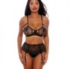 Two Tone Scalloped Lace Bra, High Waist Garter Belt & G-string Black/silver Md