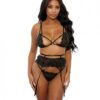 Eyelash Lace Bra, High Waist Garter Belt & G-string Black Lg