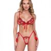 Holiday Rouge Bow Metallic Embroidered Bralette & Thong W/pom Pom Detail Red Md